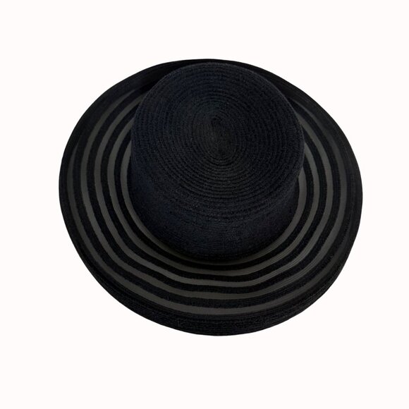 Black Wide Brim Sun Hat Sheer Stripe Beach Elegant Summer Floppy Resort Chic - Picture 13 of 16